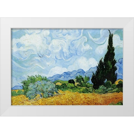 Van Gogh, Vincent 32x23 White Modern Wood Framed Museum Art Print Titled - Wheat Field with Cypresses