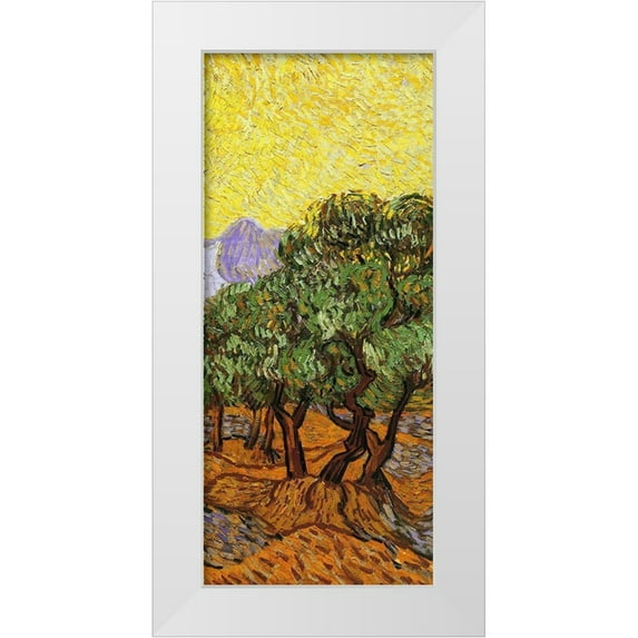 Van Gogh, Vincent 8x14 White Modern Wood Framed Museum Art Print Titled - Olive Trees With Yellow Sky And Sun (right)
