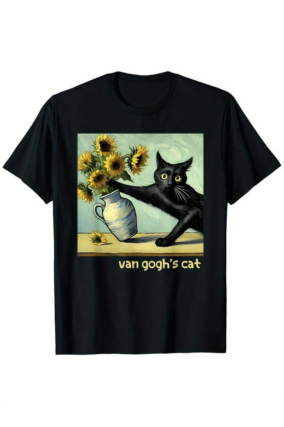 Van Gogh's Starry Night Inspired Black Cat & Sunflowers Art Graphic T-Shirt for Men - 100% Cotton 180gsm Loose Fit Breathable Moisture-Wicking Casual Tee, Machine Washable, Sizes S-3XL, PLUS SIZE