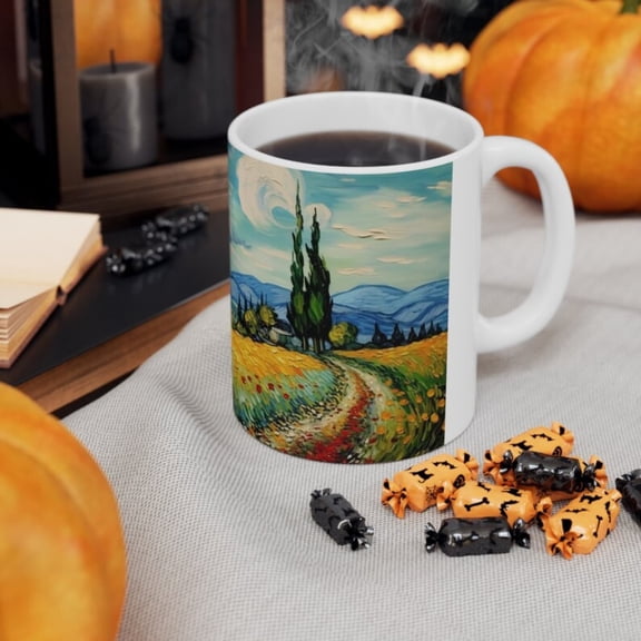 Van Goghpring and Summer Coffee Cup, Spring Flowers Tea Cup, Spring has Sprung Cup, Gift Art Lovers, Artistic Creat Scenic Cup.