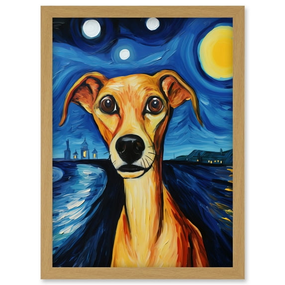 Van Goghs Dog Artwork Night Scene Full Moon Blue Brown Yellow Oil Painting Artwork Framed Wall Art Print A4