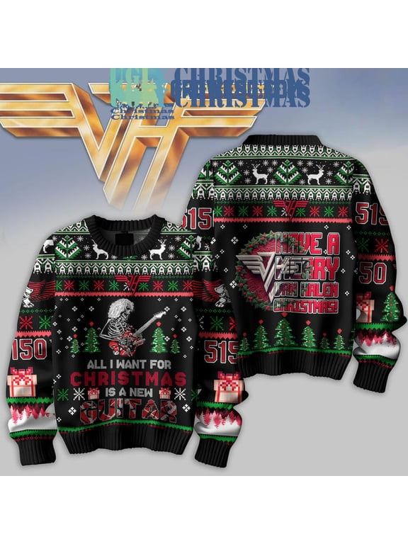 Van Halen Have A Merry Van Halen With A New Guitar Christmas Ugly Sweater