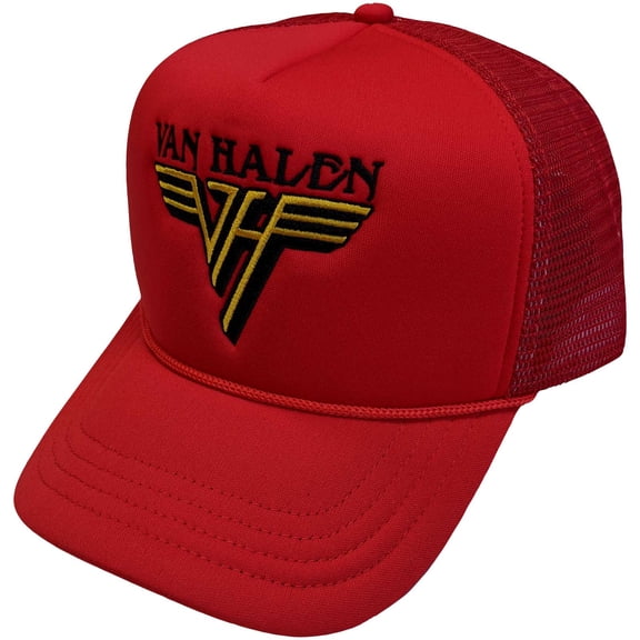 Van Halen Text and Yellow Logo Mesh Trucker Hat Red | Officially Licensed Merchandise