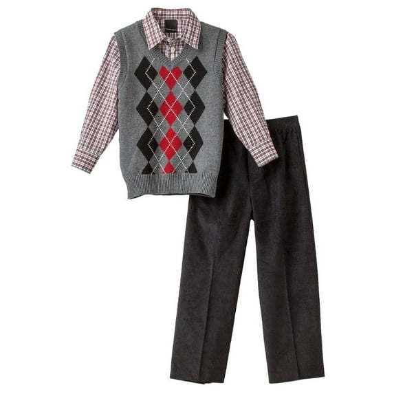 Van Heusen Boys 3-Piece Outfit Gray Argyle Sweater Vest Shirt & Corduroy Pants