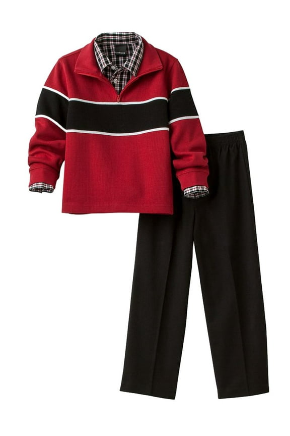 Boys 3-Piece Outfit Red Sweater Plaid Shirt & Black Pants 4