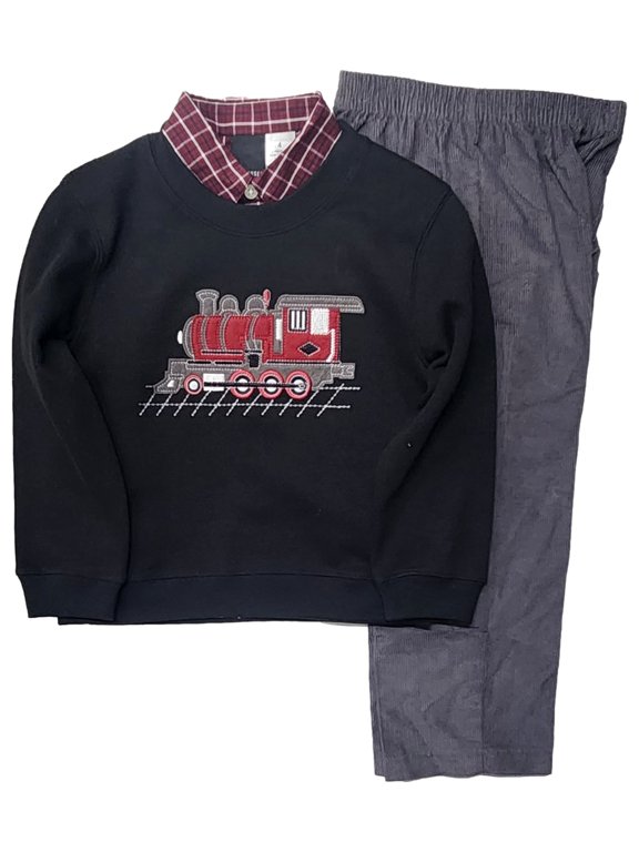 Boys 3PC Sweater Set Train Red Plaid Shirt & Dress Pants Outfit 4
