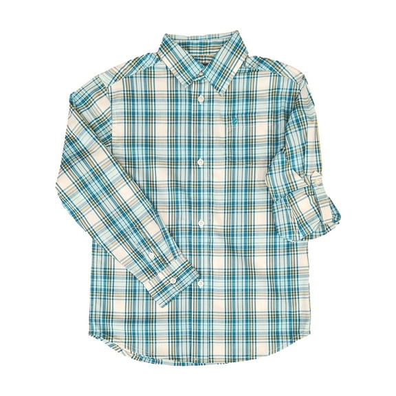 Izod Boys Green & Yellow Plaid Flex Long Sleeve Button Front Shirt Medium 10-12