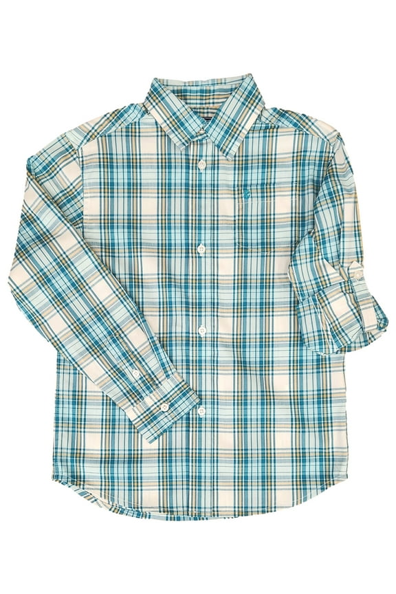 Boys Green & Yellow Plaid Flex Long Sleeve Button Front Shirt Small 8