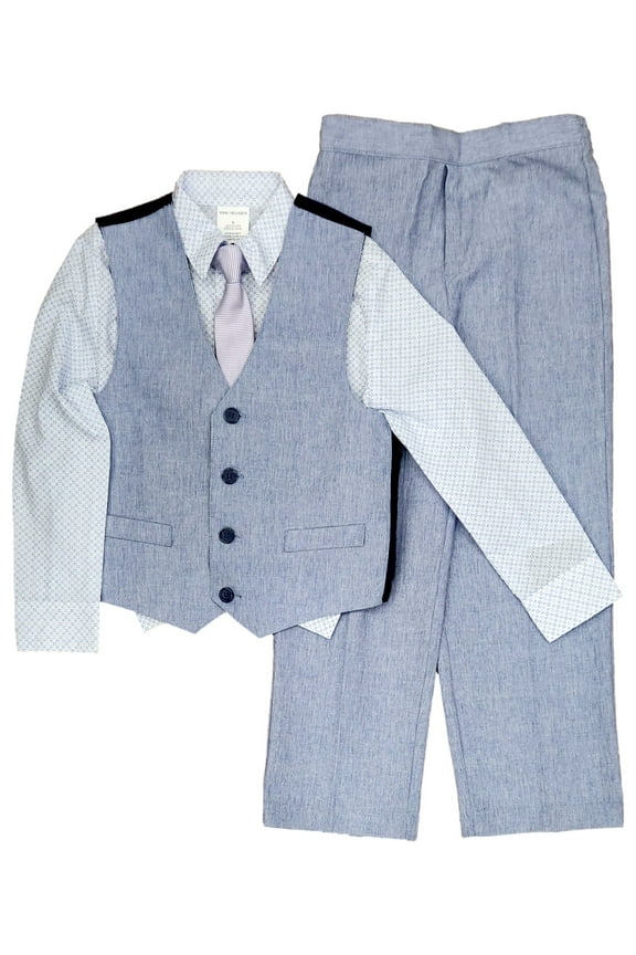 Boys Blue & White 4pc Suit Pants Vest, Shirt & Clip Tie Outfit Size 8