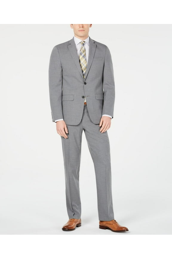 Mens Stretch Performance Button Two Piece Business Suit Jacket and Pants, Grey, 42 Tall