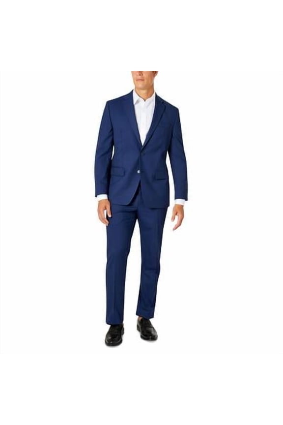 Men's Stretch Performance Button Two Piece Business Suit Jacket and Pants, Navy Plaid, 36