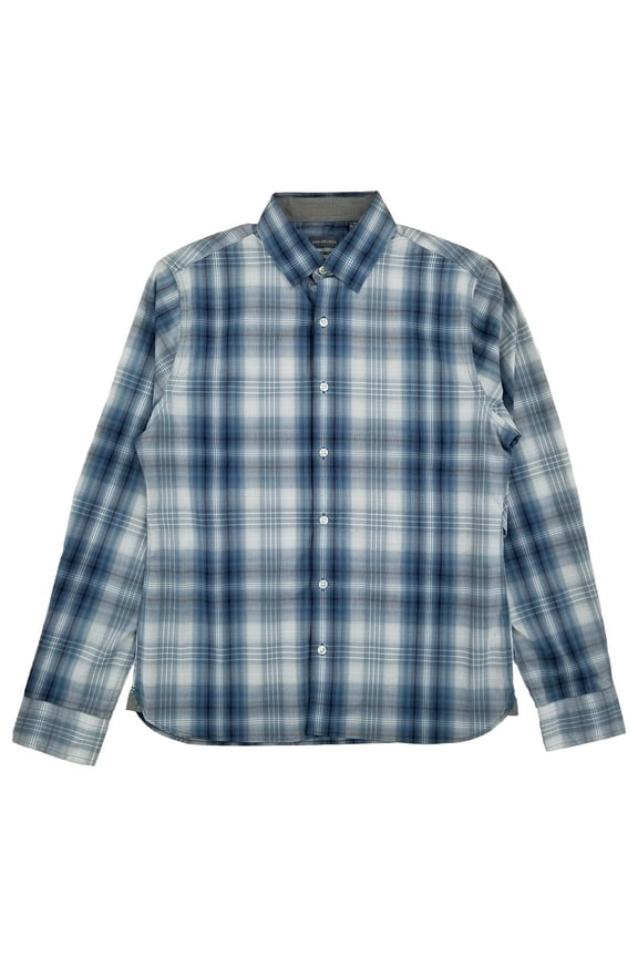 Mens Blue Plaid Long Sleeve Slim Fit Never Tuck Button-Down Shirt M