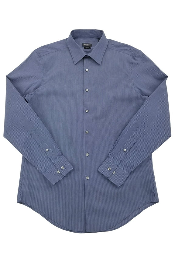 Mens Dark Blue Stripe Flex Stretch Long Sleeve Button-Up Shirt M15