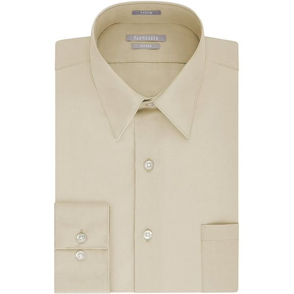 Van Heusen Mens Dress Shirt Fitted Poplin Solid 18.5 Neck 36-37 Sleeve Stone