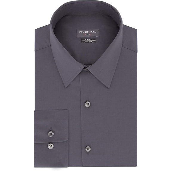 Van Heusen Mens Dress Shirt Slim Fit Flex Collar Stretch Solid 17.5 Neck 36-37 Sleeve Charcoal