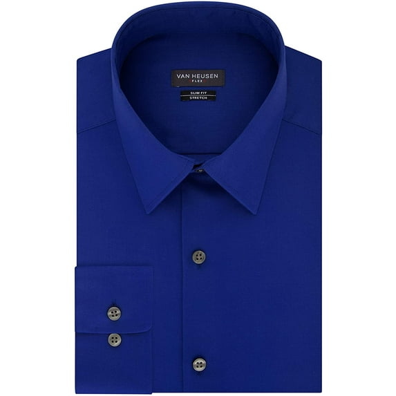 Van Heusen Mens Dress Shirt Slim Fit Flex Collar Stretch Solid 18.5 Neck 32-33 Sleeve Royal Blue