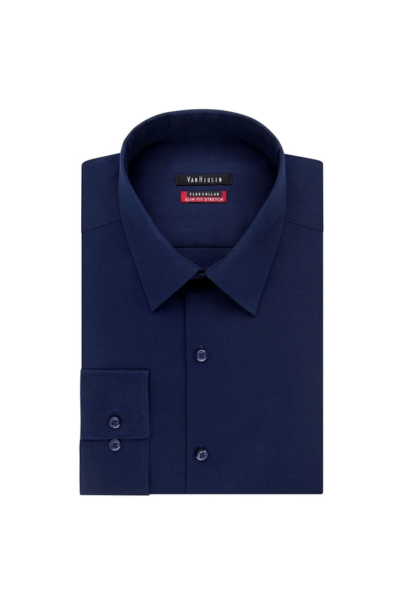 Mens Dress Shirt Slim Fit Flex Collar Stretch Solid 18 Neck 32-33 Sleeve Night Blue