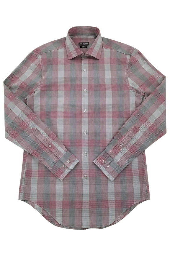 Mens Red & Gray Plaid Flex Long Sleeve Button-Up Shirt S 14.5 32/33