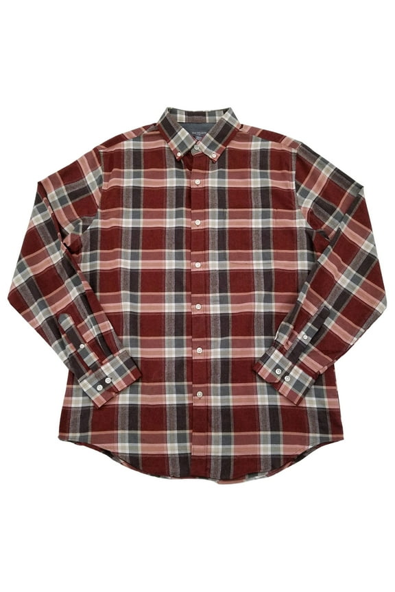 Mens Red & Gray Plaid Flex Non-Iron Long Sleeve Button-Down Shirt S