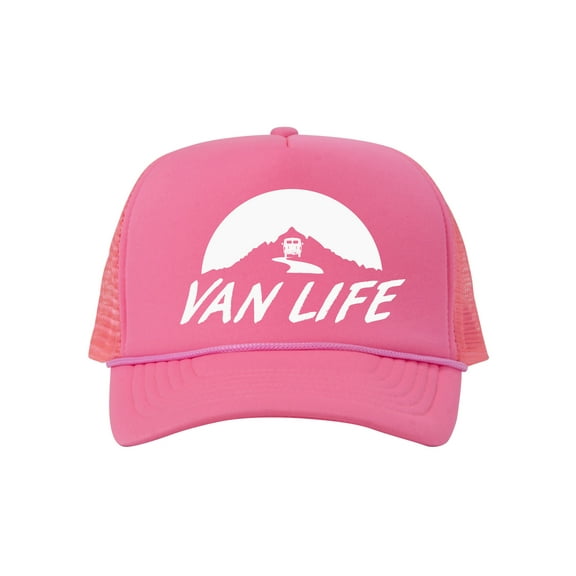 Van Life Adjustable Mesh Trucker Hat w/ Rope Brim - White - Pink