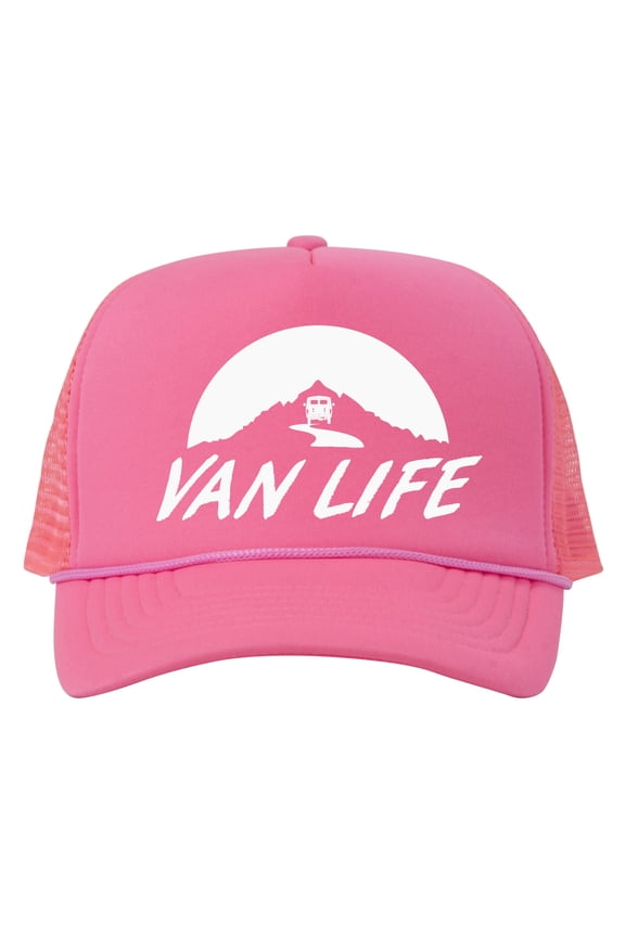 Van Life Adjustable Mesh Trucker Hat w/ Rope Brim - White - Pink