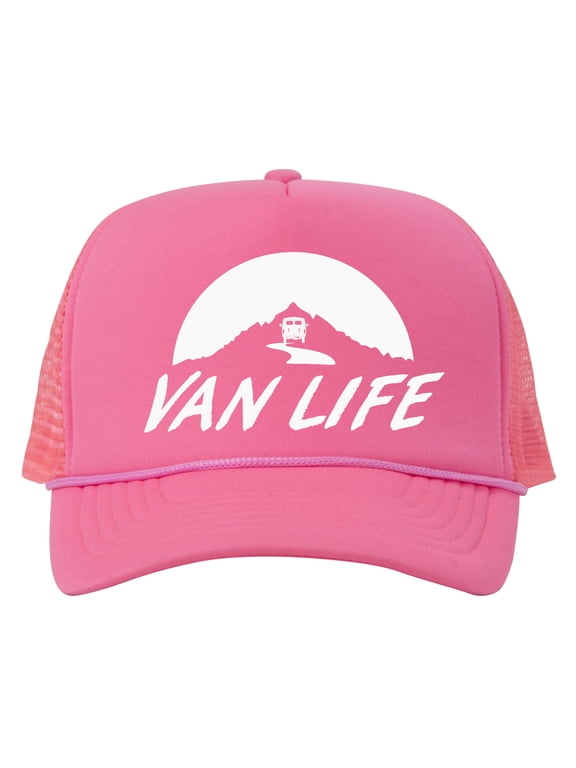 Van Life Adjustable Mesh Trucker Hat w/ Rope Brim - White - Pink