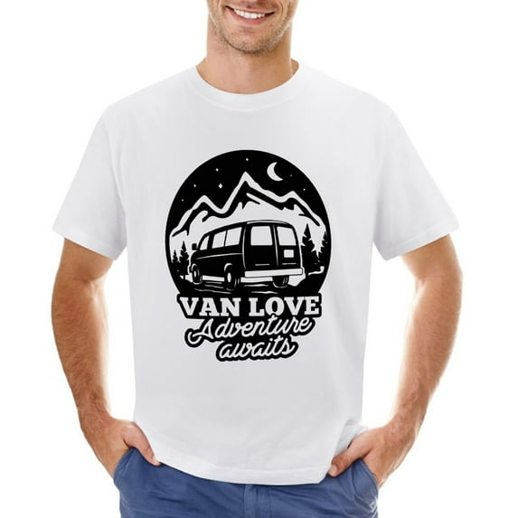 Van Love Adventure Men’s T-Shirt 100% Cotton Casual Short Sleeve Tops Gift Tee White 4XL