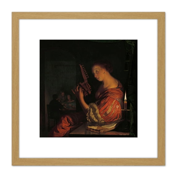 Van Mieris Woman Holding A Theorbo Tunes Painting 8X8 Inch Square Wooden Framed Wall Art Print Picture with Mount