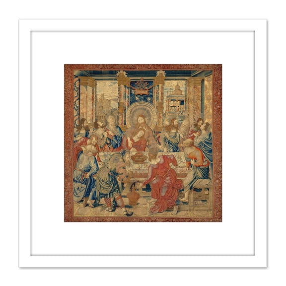 Van Orley Last Supper Biblical Silk Screen Photo 8X8 Inch Square Wooden Framed Wall Art Print Picture with Mount