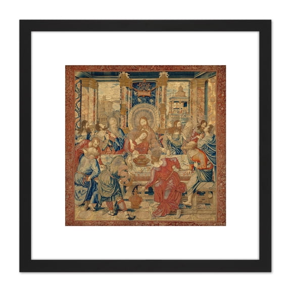 Van Orley Last Supper Biblical Silk Screen Photo 8X8 Inch Square Wooden Framed Wall Art Print Picture with Mount