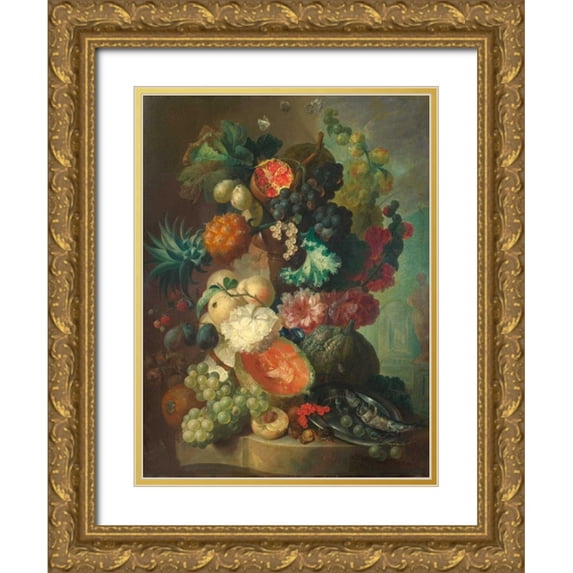 Van Os, Jan 25x32 Gold Ornate Wood Framed with Double Matting Museum Art Print Titled - Fruit, flowers and a fish