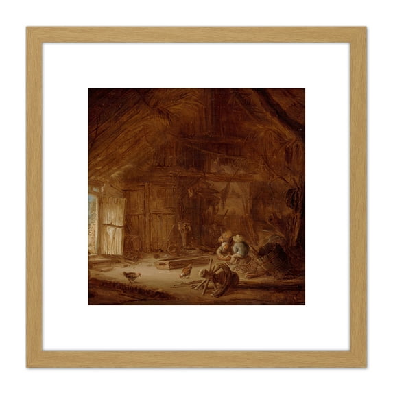 Van Ostade Interior Stable Three Children 8X8 Inch Square Wooden Framed Wall Art Print Picture with Mount