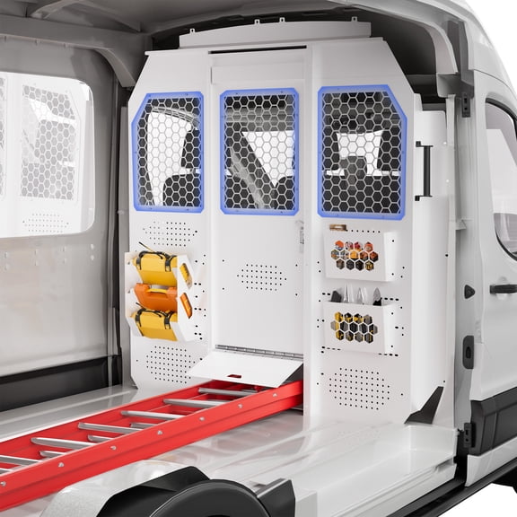 Van Partition Bulkhead for 2015-2024 Ford Transit 150 250 350 Mid Roof Full Size Van, Steel Cargo Divider with Door Lock, Acrylic Panel & Storage Baskets,White