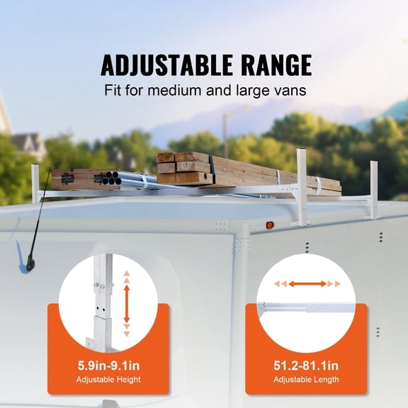 Van Roof Ladder Rack, 2 Bars Aluminum Alloy Roof Ladder Racks, 400 LBS Capacity Rain-Gutter Van Roof Rack, Adjustable Length 51.2" to 81.1", Van Ladder Rack for Van, Cargo, Trailer