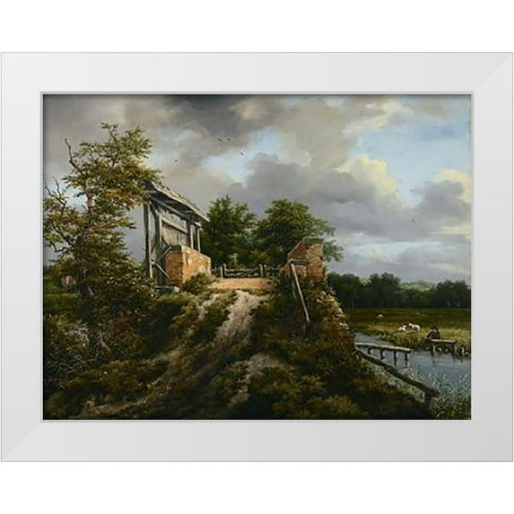 Van Ruisdael, Jacob 32x25 White Modern Wood Framed Museum Art Print Titled - Bridge with a Sluice