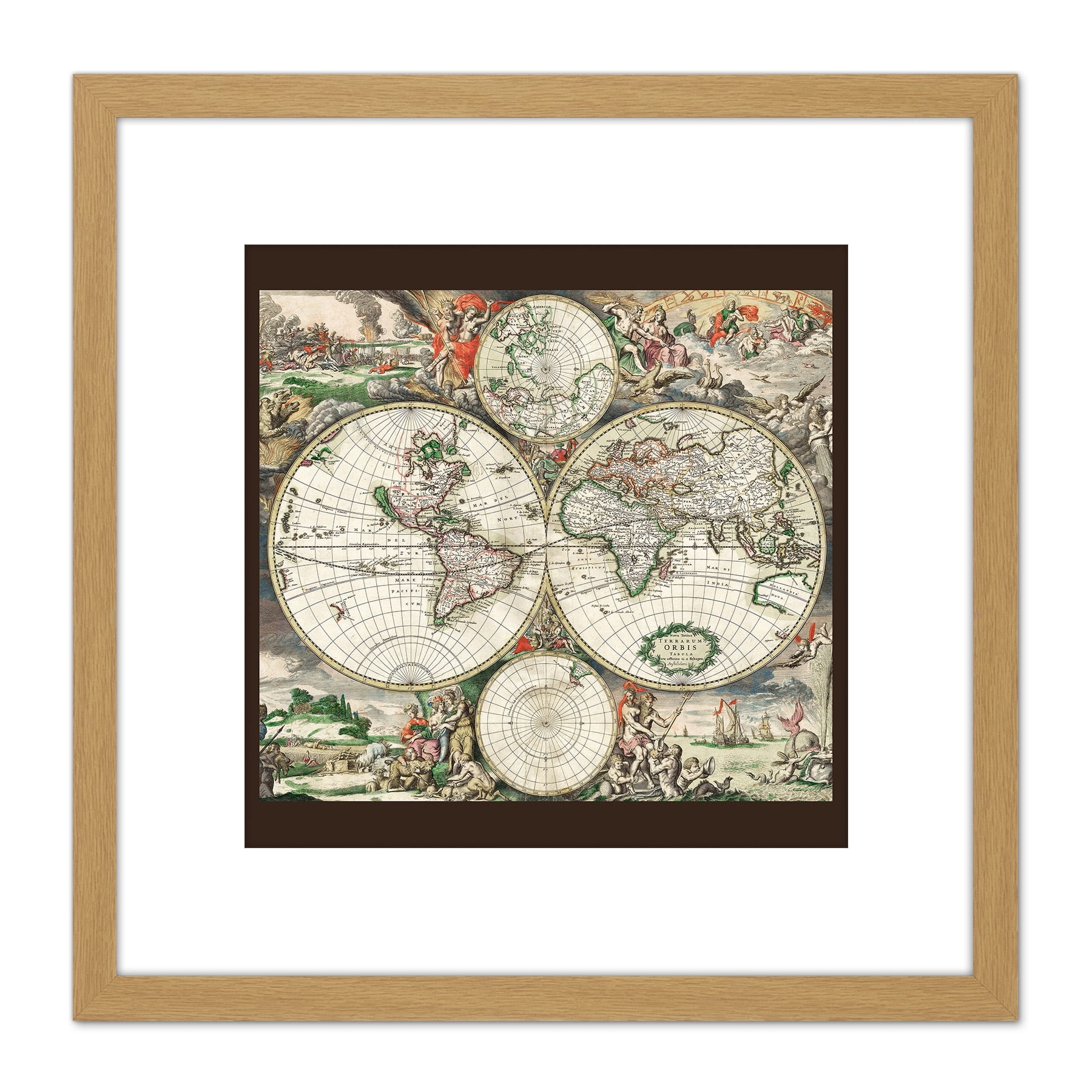 Van Schagen 1689 Map Of The World 8X8 Inch Square Wooden Framed Wall ...