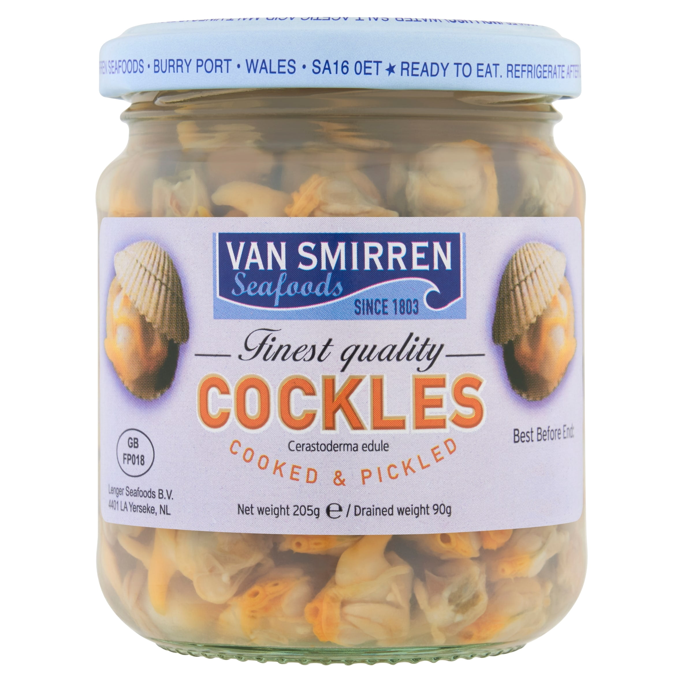 Van Smirren Seafoods Cooked & Pickled Cockles 205g, Imported from Britain