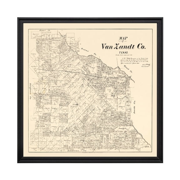 Van Zandt County Texas Art, 1884 Vintage Map of Van Zandt County TX History Wall Decor Gift, Old Van Zandt County TX Map - 24" x 24" Black Framed Print
