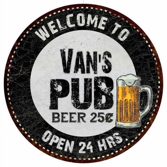 Van's Pub 14" Round Metal Sign Beer Bar Black Wall Decor Gift 100140039031