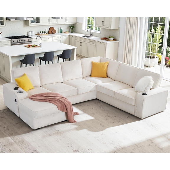 VanAcc 112" Sectional Sofa with USB Ports & Cup Holder, U Shaped Sofa Couch with Storage, Corduroy Gray