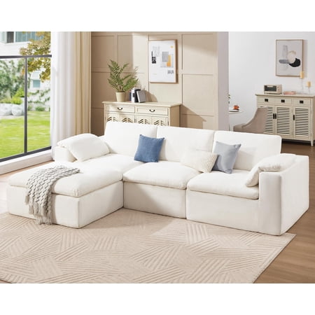 VanAcc 120" Cloud Modular Sectional Sofa, No-Assembly Oversized Chenille Couch with 76.4" Extra-Deep Chaise, Modern White Cloud Couch for Living Room