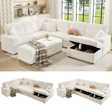 VanAcc 129 in Sectional Couches for Living Room, Sectional Sofa with Storage & Ottoman, Modular Sofa Converts to Sleeper, Cloud Couch, White