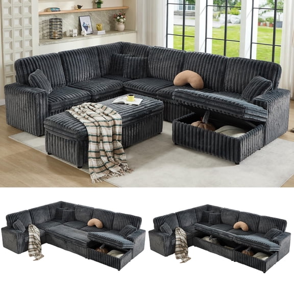 VanAcc 129 Inch Sectional Couches for Living Room,Sectional Couch with Storage & Ottoman,Modular Sectional Sofa Converts to Sleeper,Grey