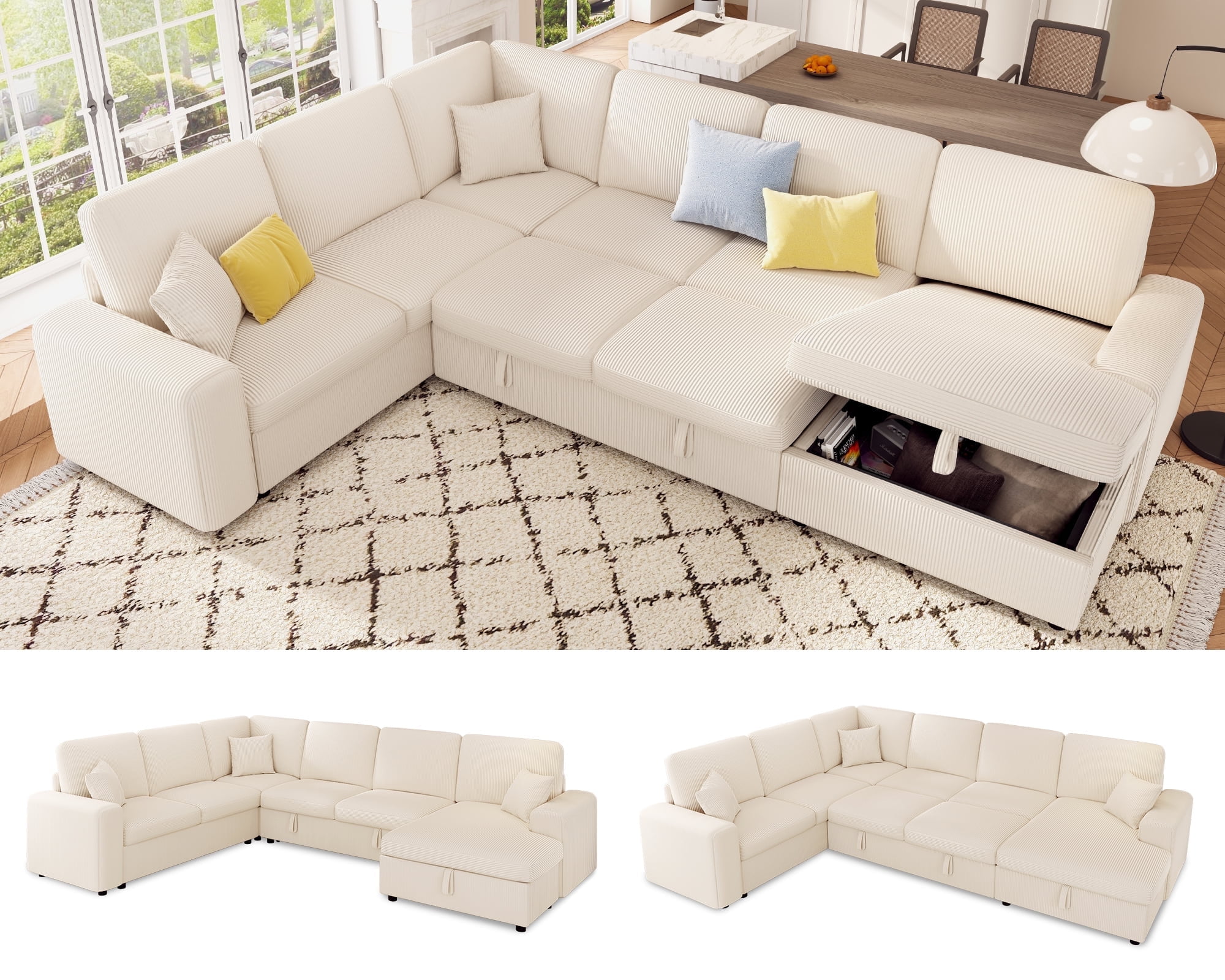VanAcc 130" Sofa Bed, Sectional Sleeper Sofa with Pull Out Bed, Sleeper Couch with Storage, 6 Seater Couch for Living Room, Corduroy Beige