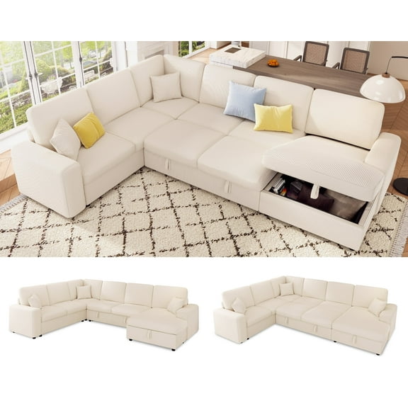 VanAcc 130" Sofa Bed, Sectional Sleeper Sofa with Pull Out Bed, Sleeper Couch with Storage, 6 Seater Couch for Living Room, Corduroy Beige