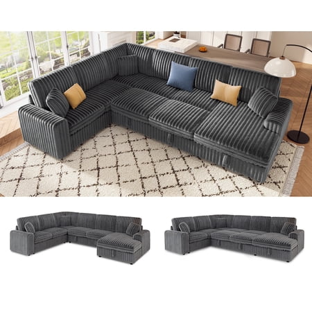 VanAcc 130" Sofa Bed, Sectional Sleeper Sofa with Pull Out Bed, Sleeper Couch with Storage, 6 Seater Couch for Living Room, Faux Fur Dark Grey