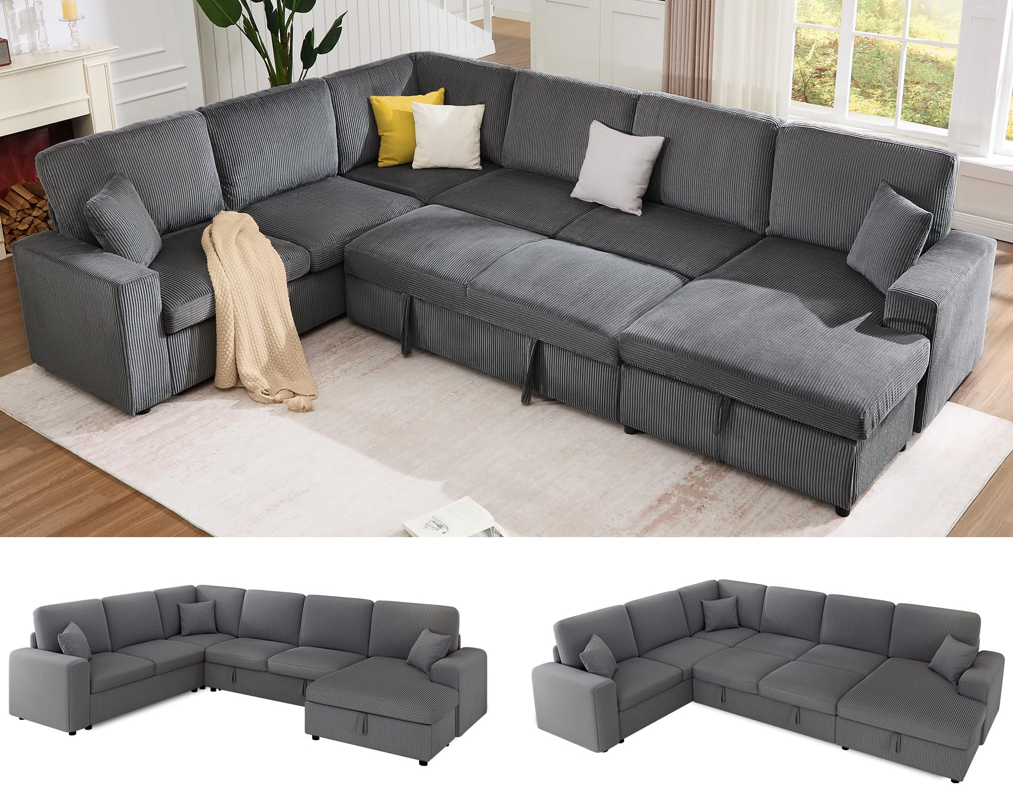 VanAcc 130" Sofa Bed, Sleeper Sofa, Pull Out Sleeper Couch with Storage, Convertible 6-Seater for Living Room, Corduroy Grey