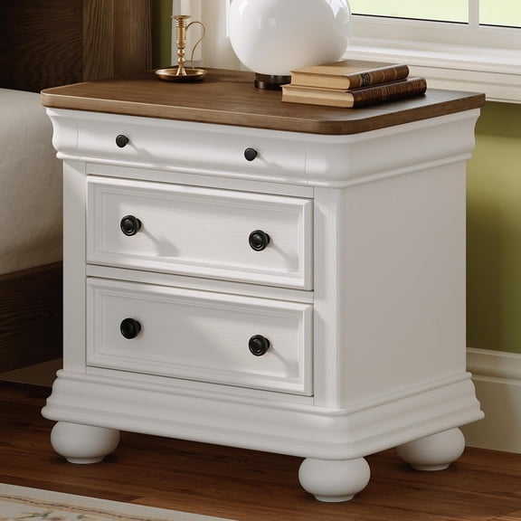 VanAcc 26" Fully Assembled Solid Wood Nightstand, Traditional Bedside Table with 3 Drawers, for Bedroom, Vintage Large Night Stand, Antique White