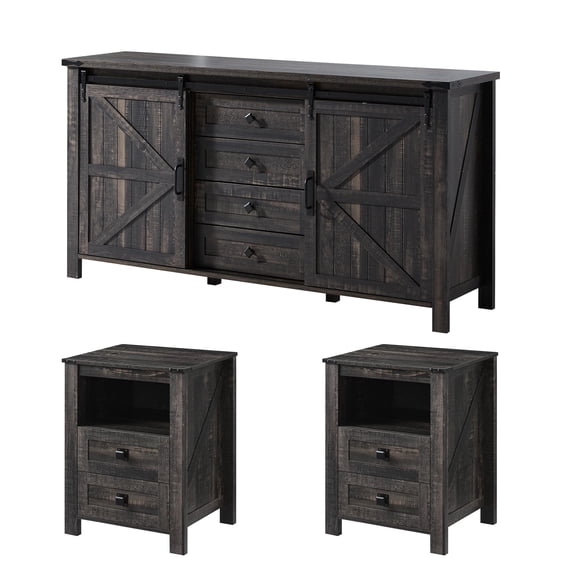 VanAcc 3-Piece Farmhouse Bedroom Furniture Set with Dresser and 2 Nightstands, Sliding Barn Door Wood Storage Set for Bedroom, Dining Room, Black Oak