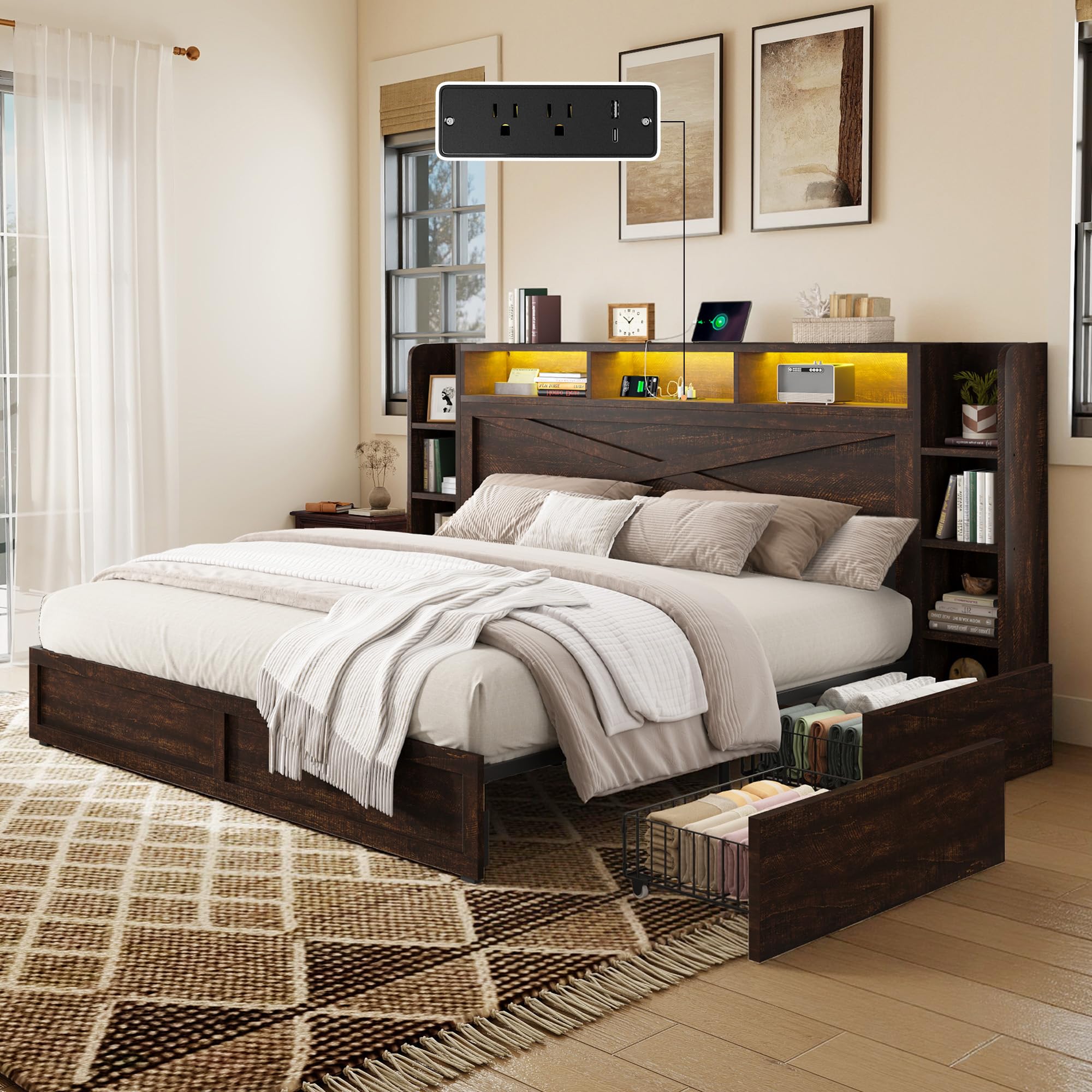 VanAcc 45" Queen Farmhouse Storage Bed Frame with Bookcase Headboard ...